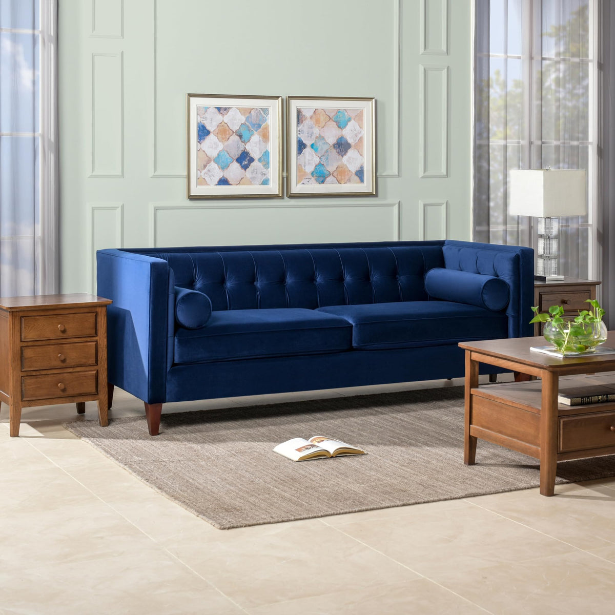84" Navy Blue Tufted Velvet Sofa V65463