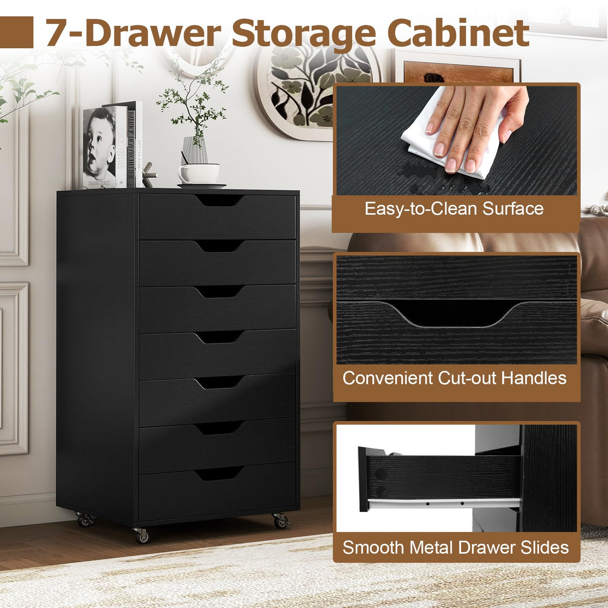 7 Drawer Wooden Storage Cabinet with Casters M86739
