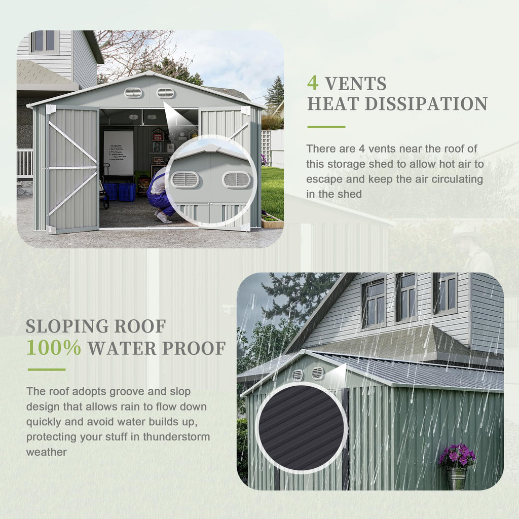 10x12 FT Metal Storage Shed with Lockable Doors and Sloped Roof A207126