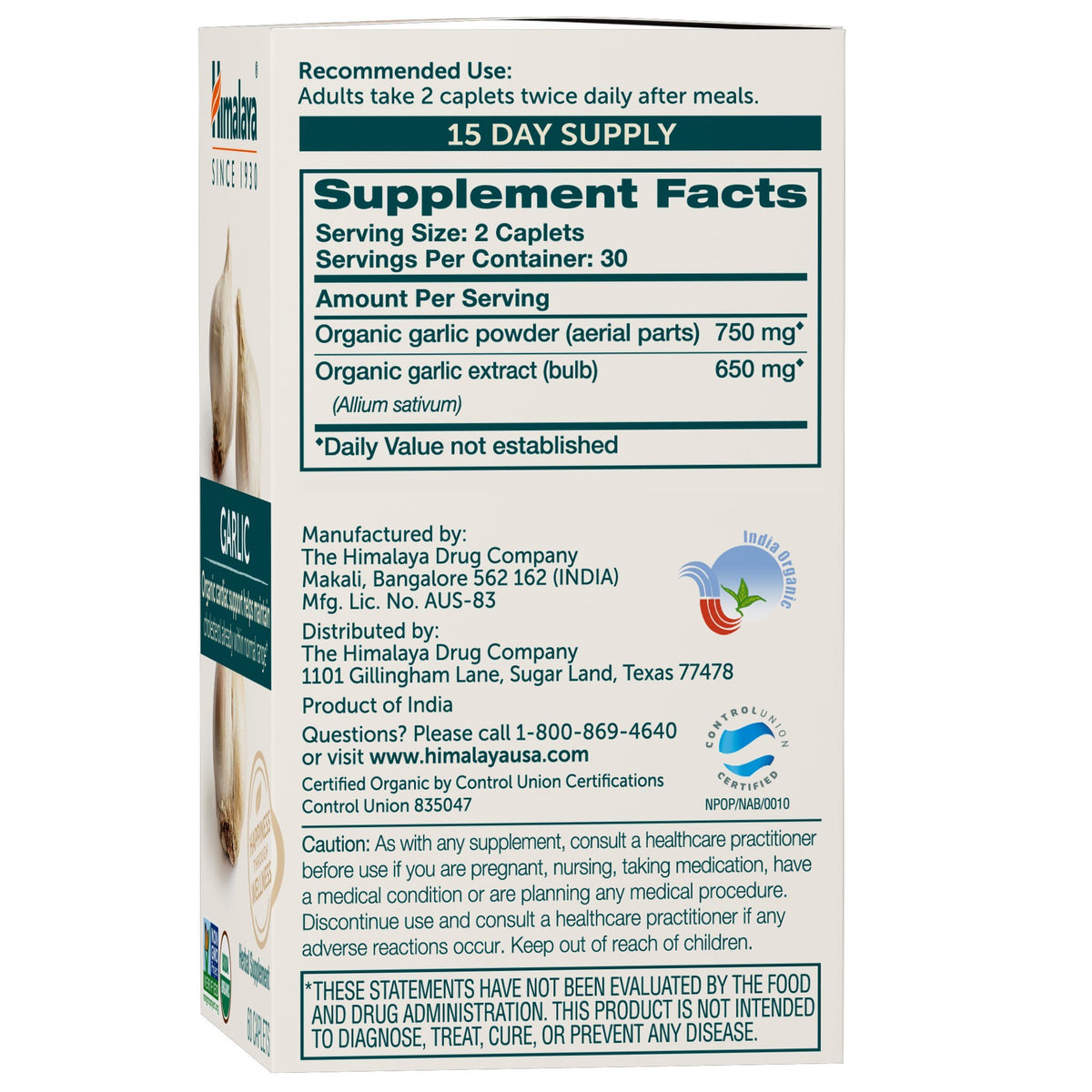 USDA Organic Garlic Supplements 1400 mg 60 Caplets P405904