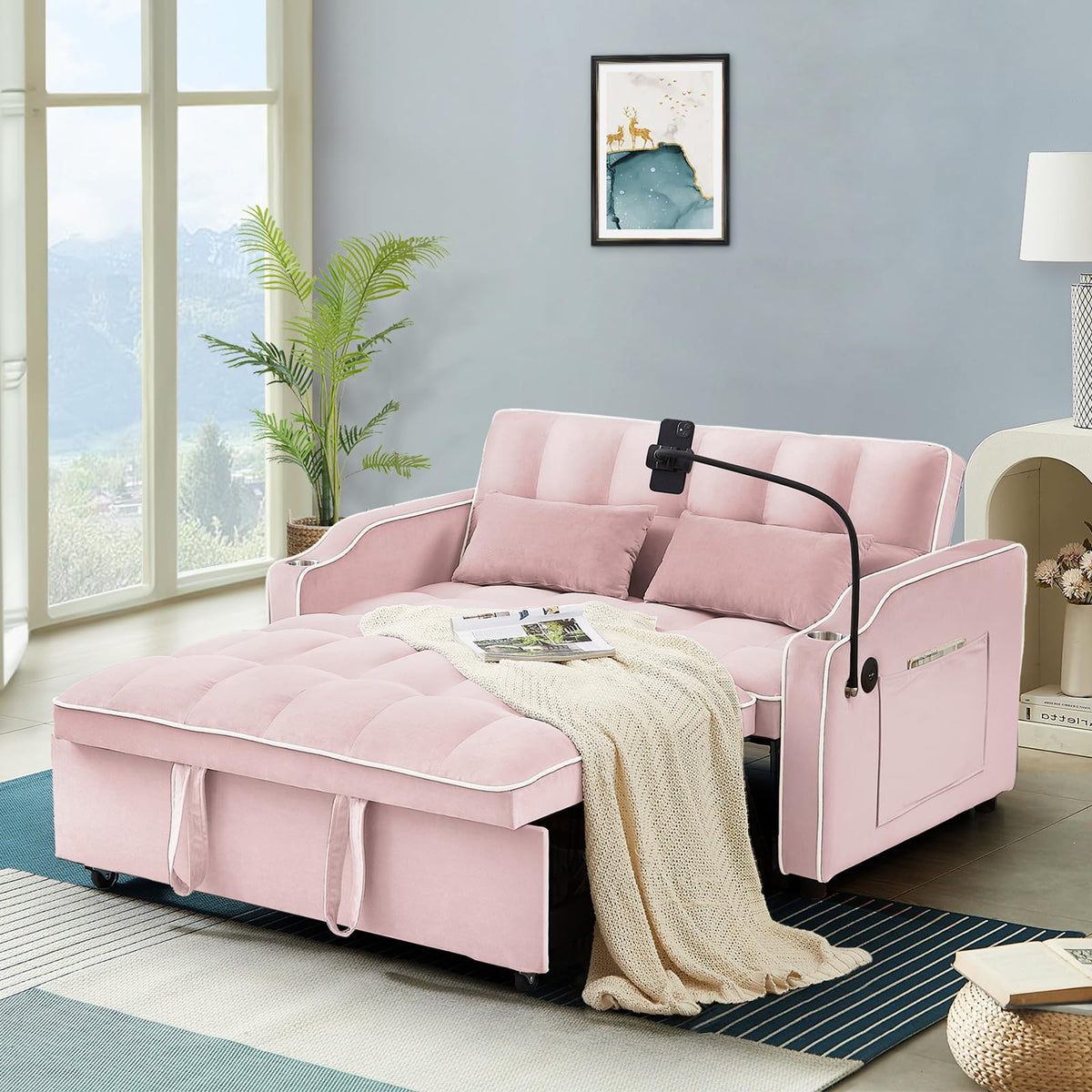 Pink Velvet Convertible Sleeper Sofa Bed W785