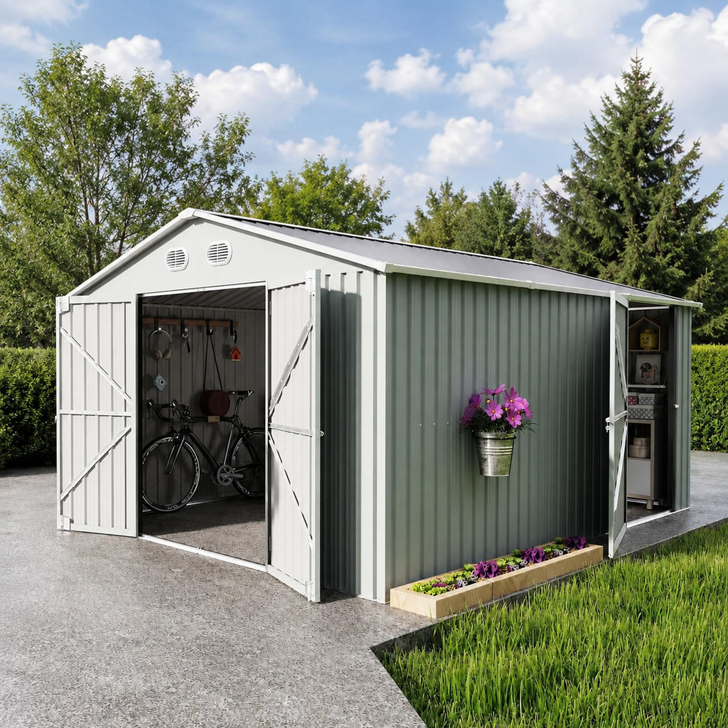 10x12 FT Metal Storage Shed with Lockable Doors and Sloped Roof A207126