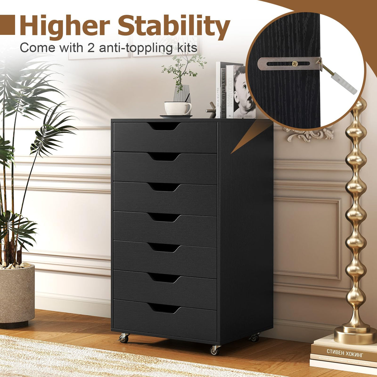 7 Drawer Wooden Storage Cabinet with Casters M86739