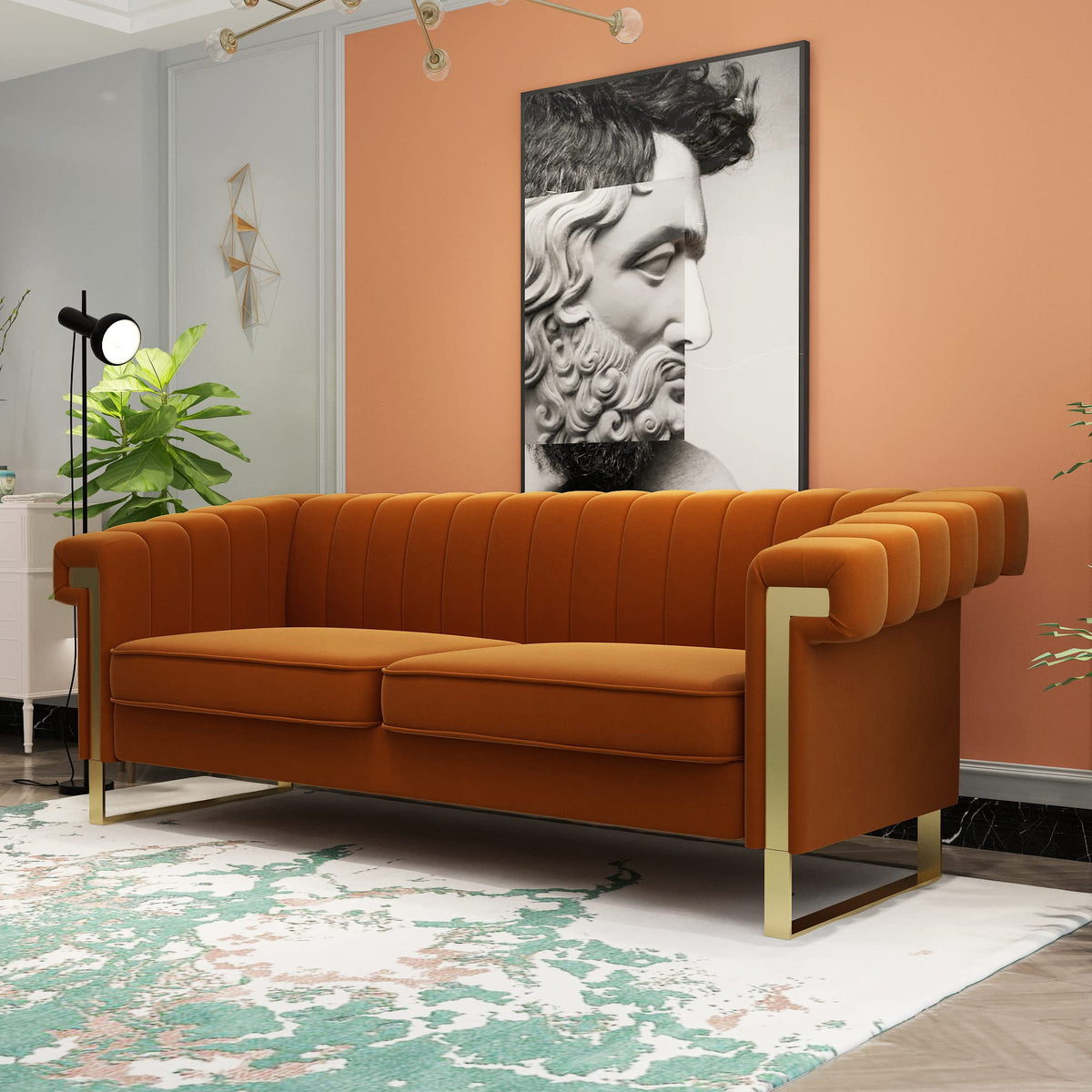 84 Inch Orange Velvet Chesterfield Sofa C59600