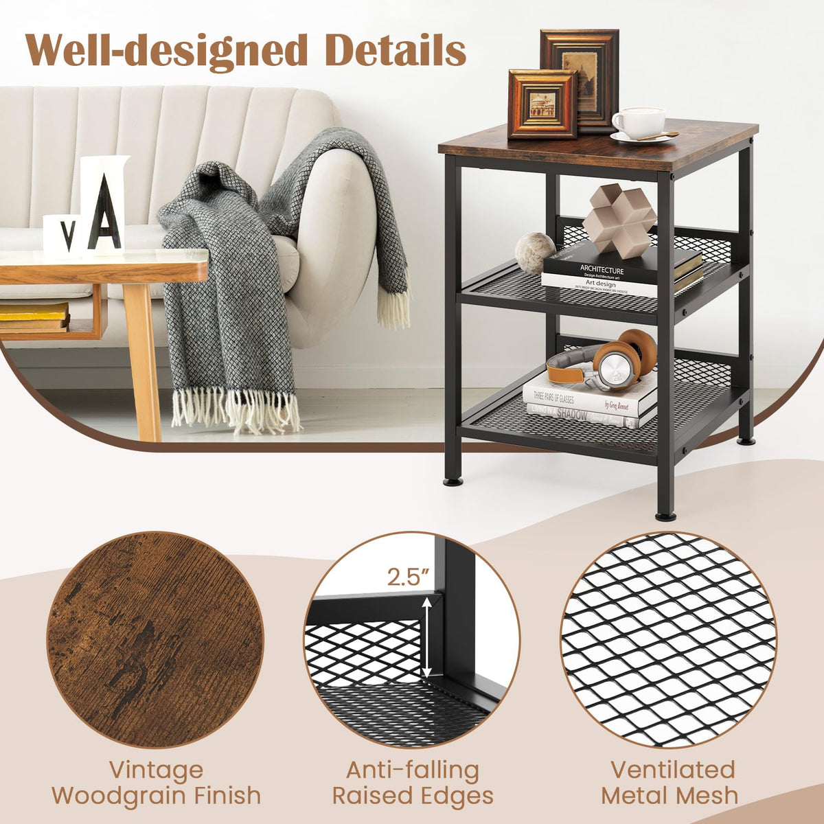 3-Tier End Table Set of 2 with Mesh Storage Shelves Y38786
