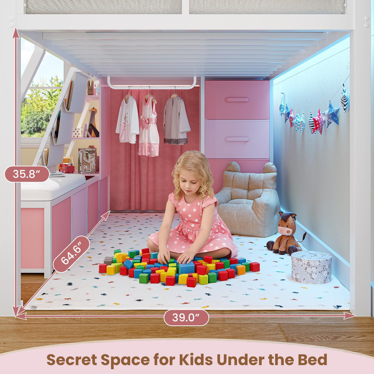 Twin Loft Bed with 7 Storage Drawers, Bookshelf, LED Lights & Guardrail, White & Pink G10249