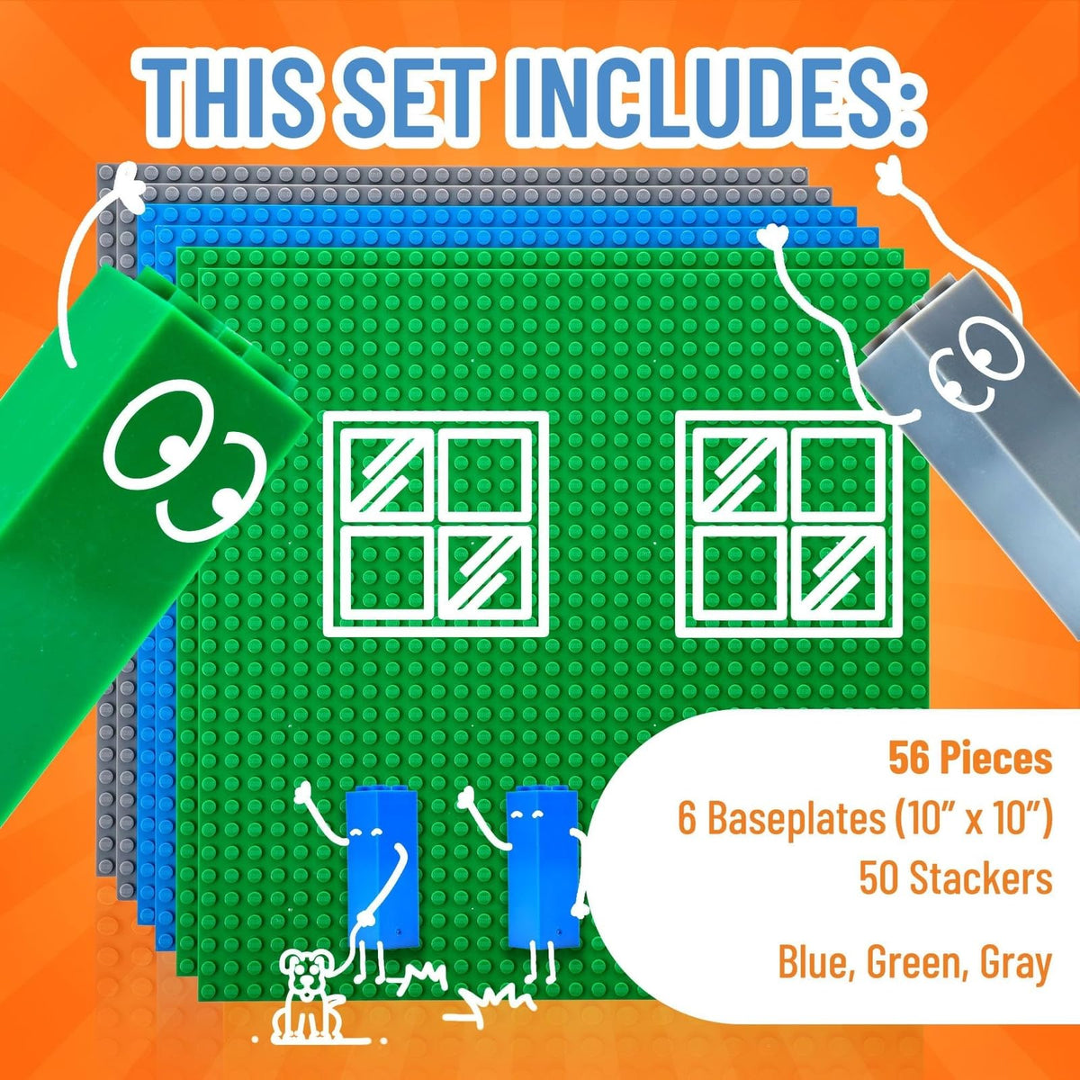 10 x 10 in 6 Baseplates with 50 Stackers Building Toy Blocks M6905