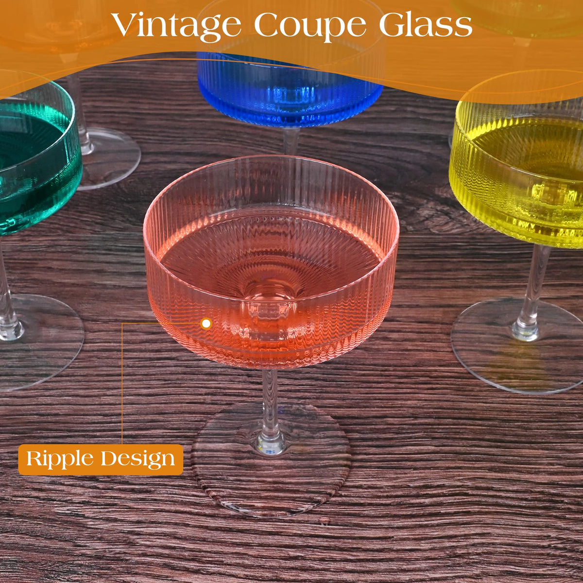 Ribbed Coupe Glasses Set of 6 Crystal Handmade 10Oz A873