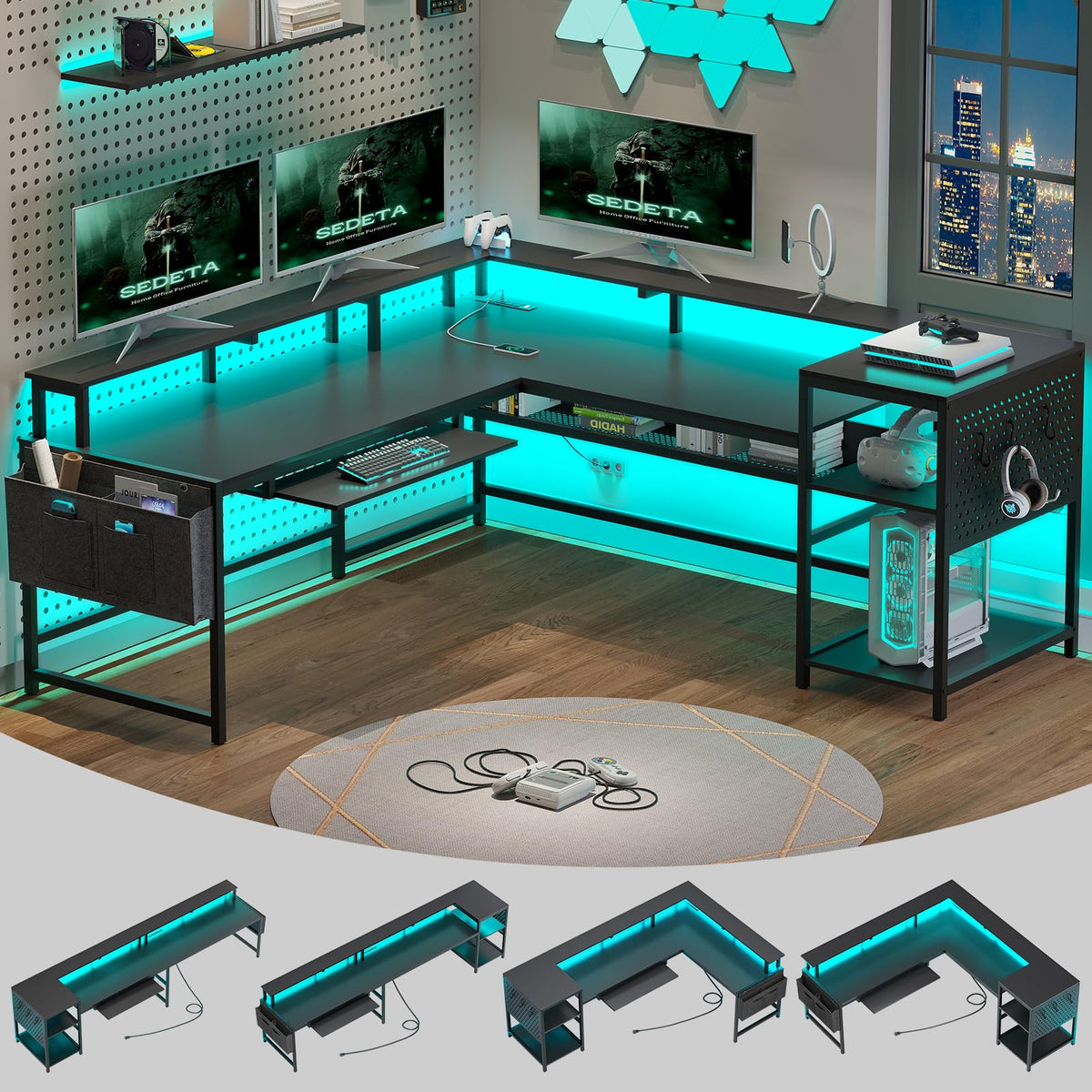 L Shaped Gaming Desk with Power Outlets & LED Strip V85921