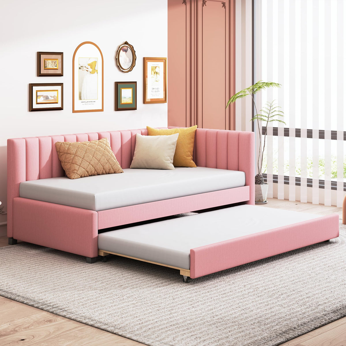Twin Size Linen Upholstered Daybed with Trundle P676