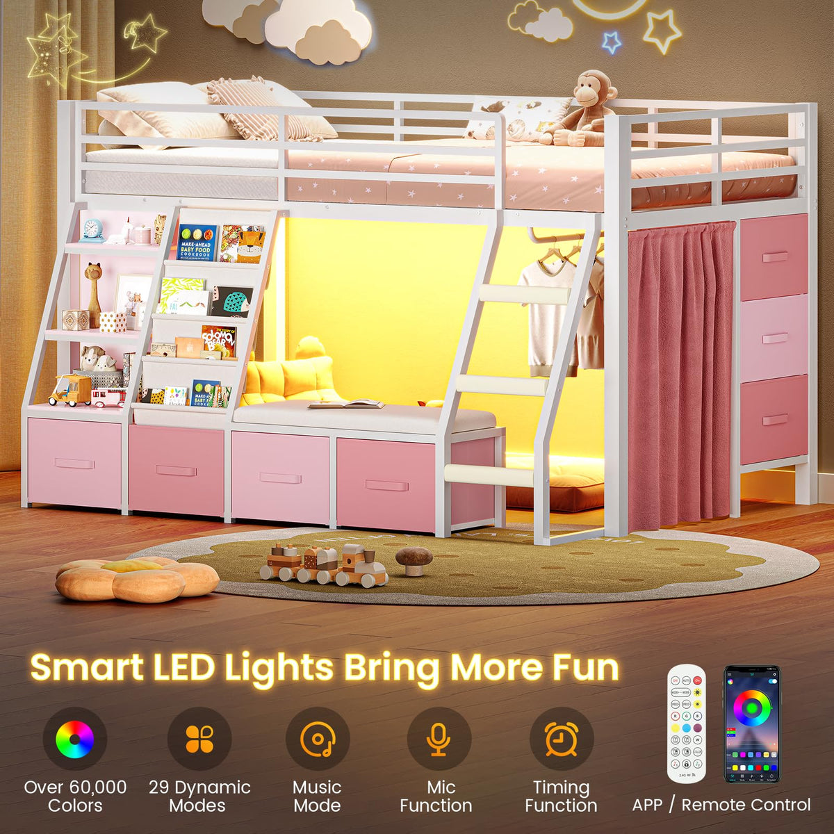 Twin Loft Bed with 7 Storage Drawers, Bookshelf, LED Lights & Guardrail, White & Pink G10249