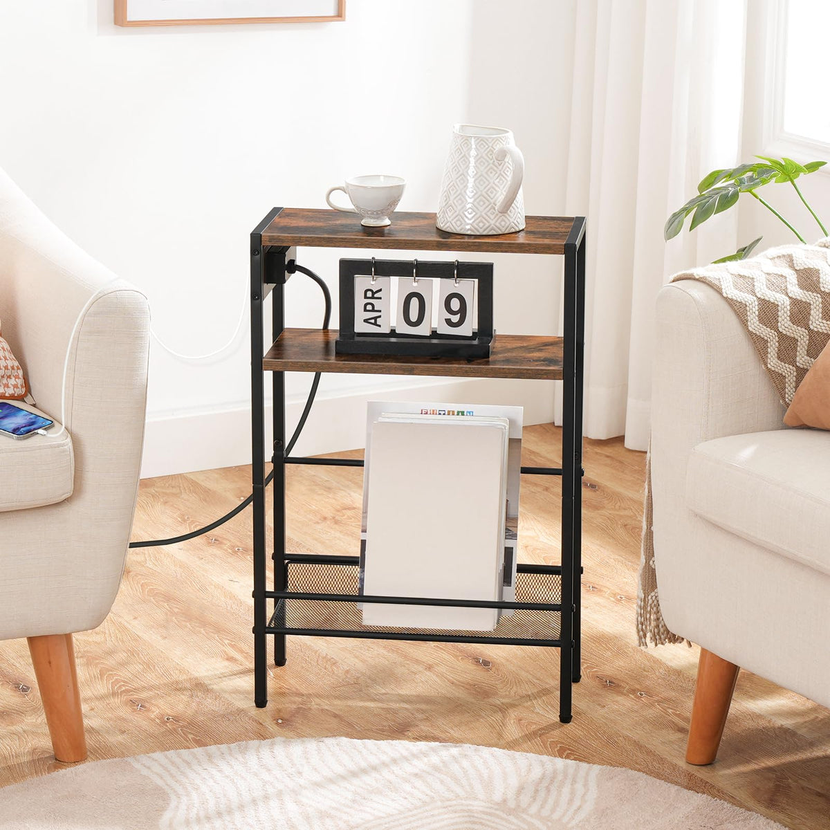 Small Narrow Side Table with Charging Station and Storage Shelf P485644