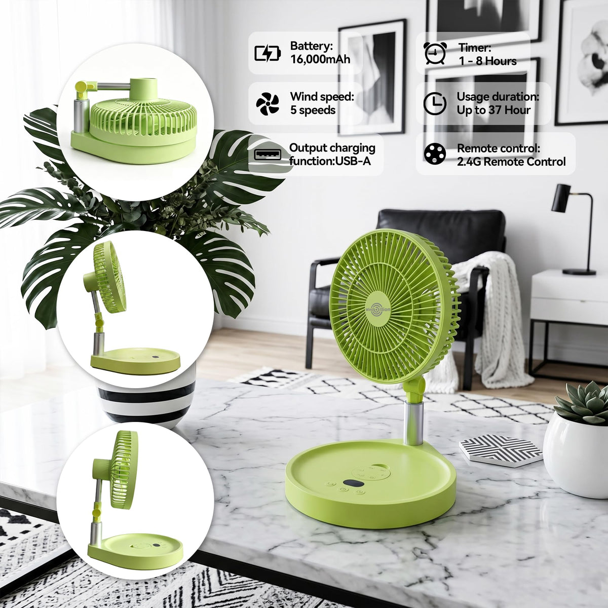 Mint Green Portable Rechargeable Pedestal Fan Y688
