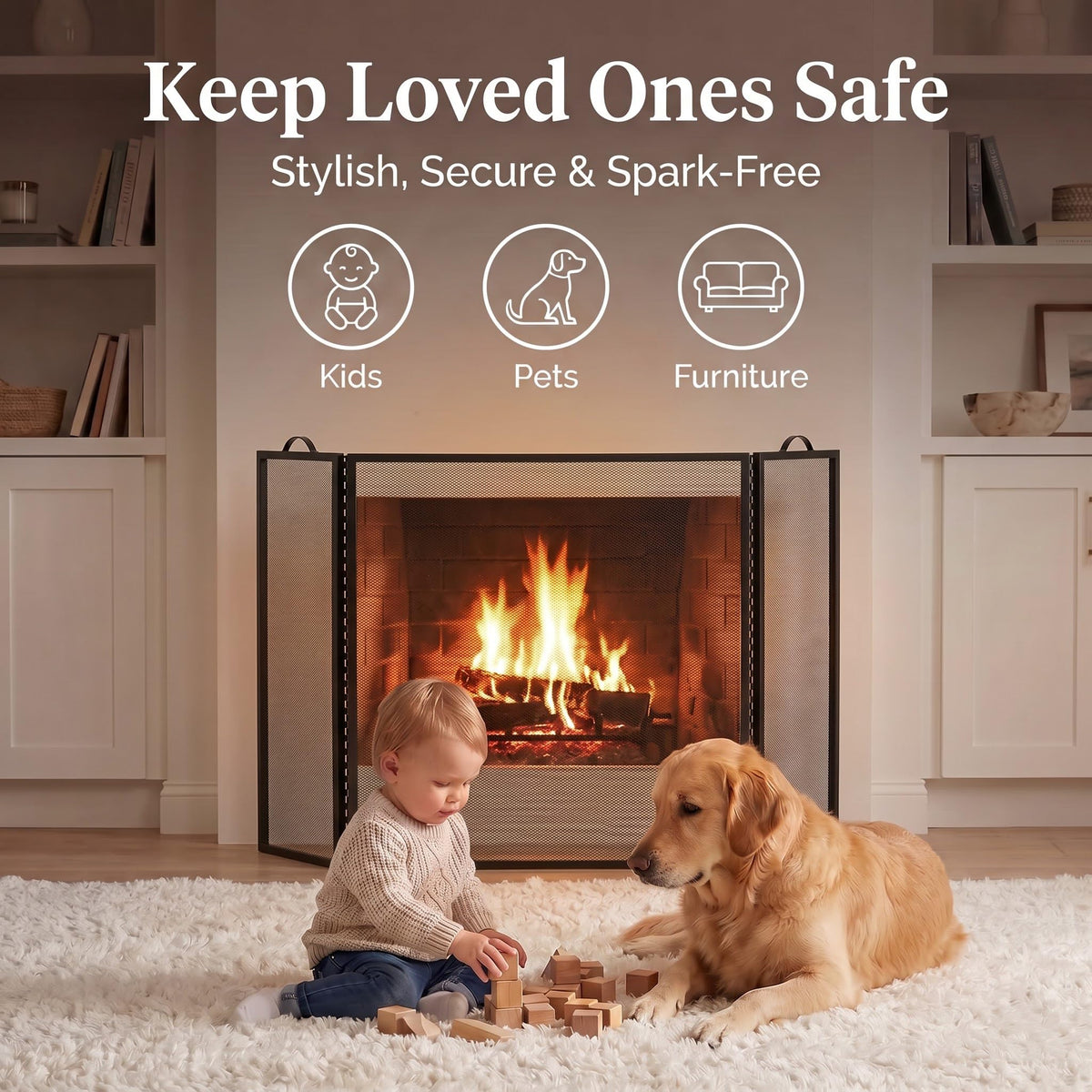 Metal Fireplace Screen 3 Panel Black G7651