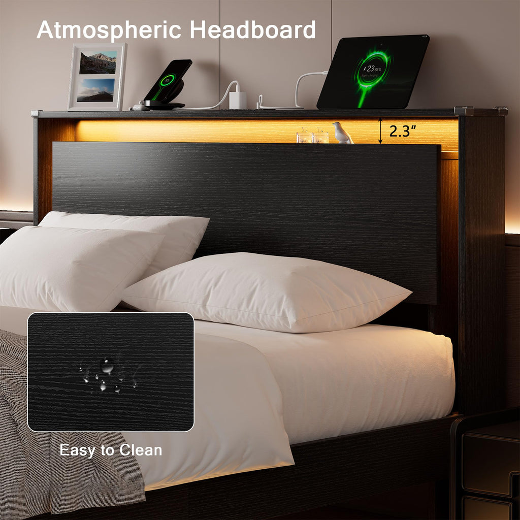 Full Size Wood Bed Frame with Storage Headboard and LED Lights Y951