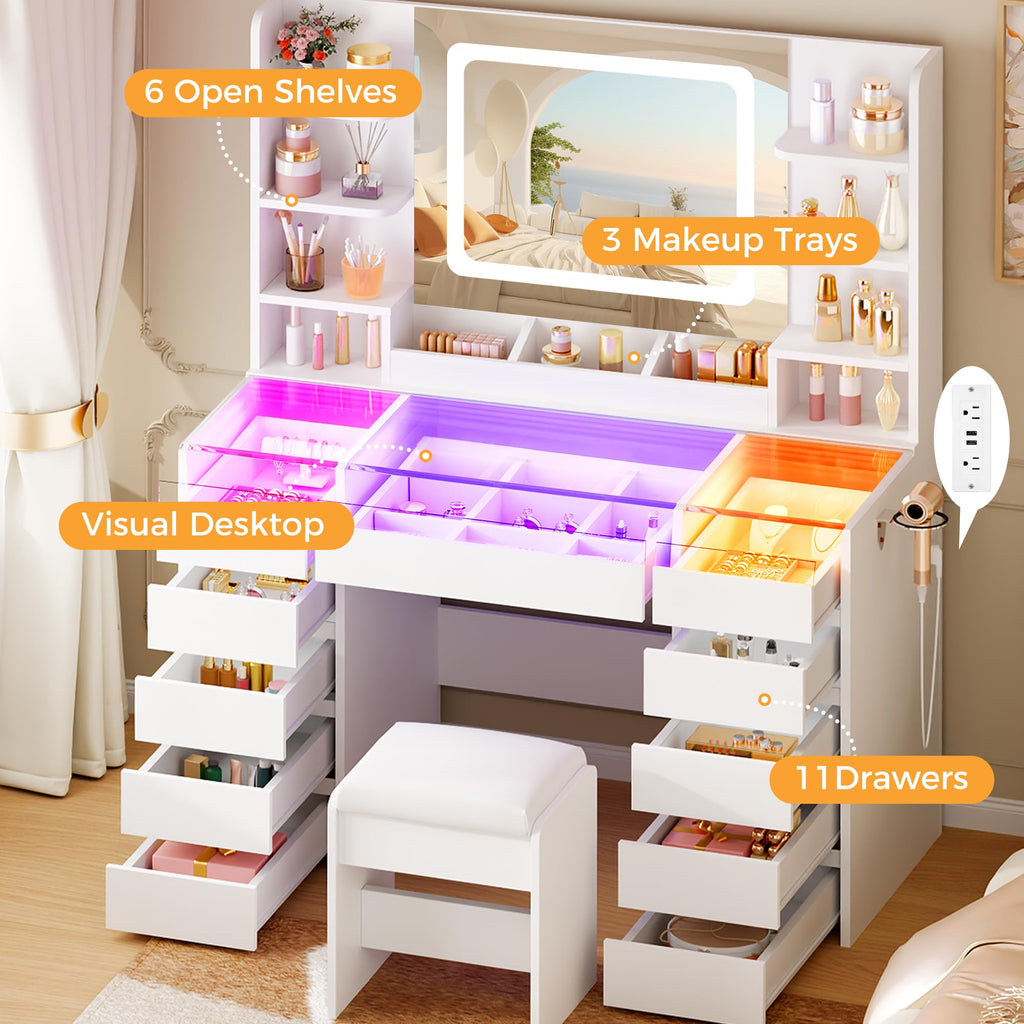 Glass Top Vanity Desk with Mirror and Stool Q280523