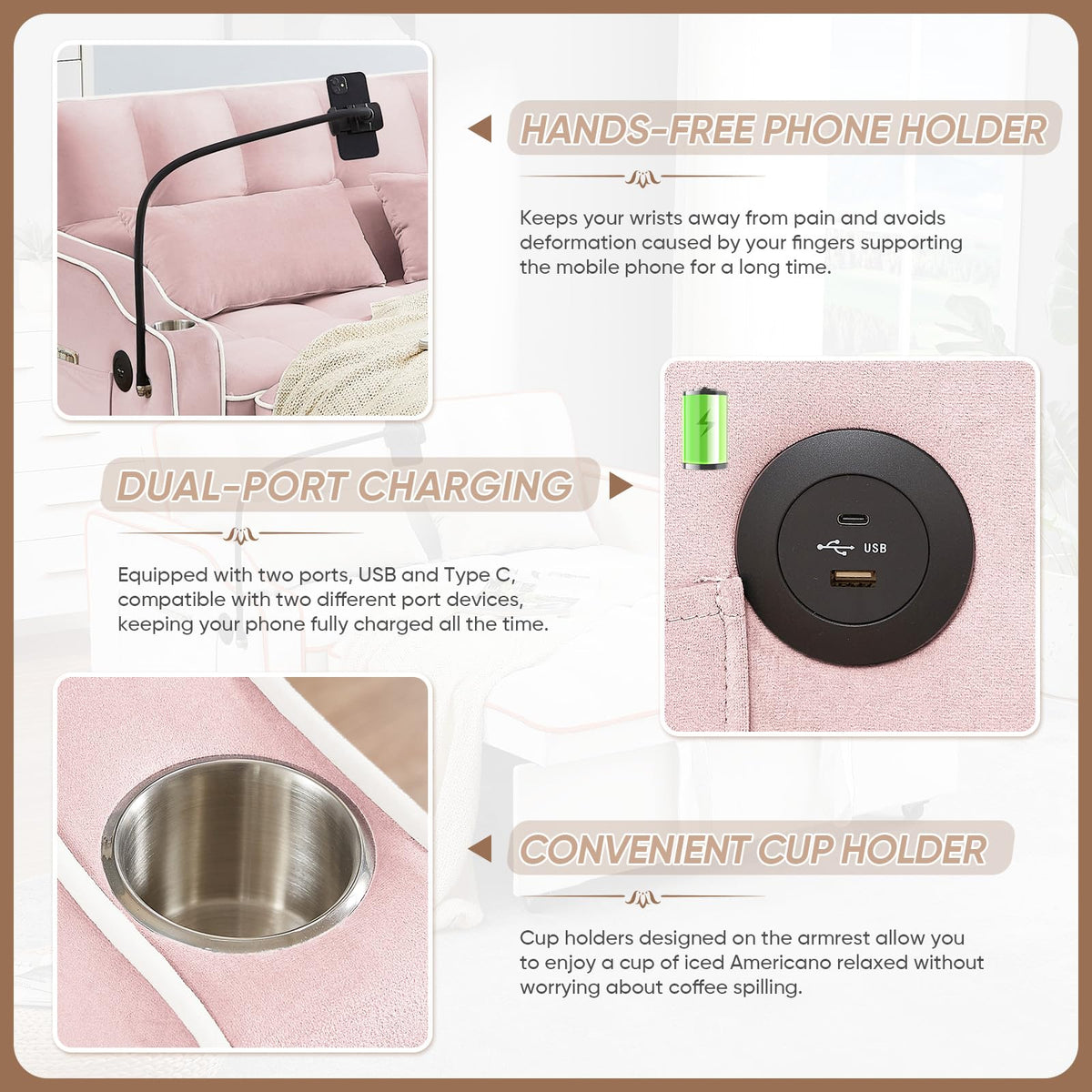 Pink Velvet Convertible Sleeper Sofa Bed W785