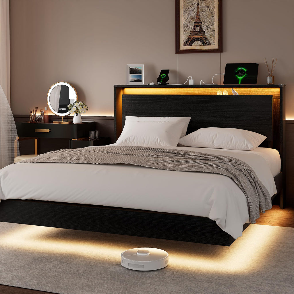 Full Size Wood Bed Frame with Storage Headboard and LED Lights Y951