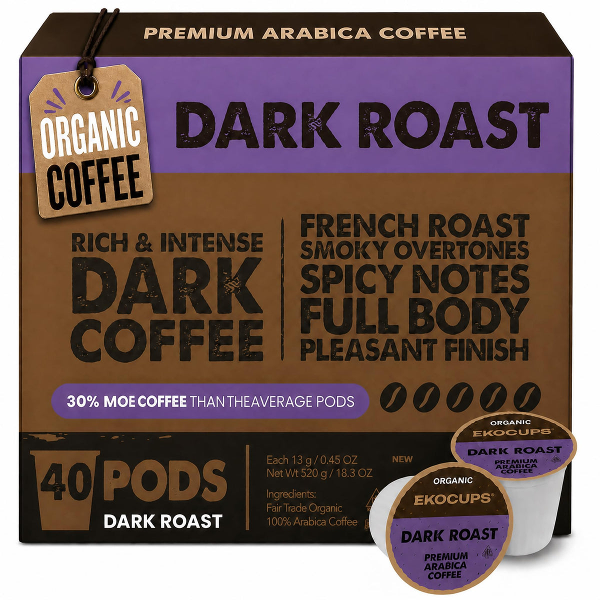 Organic Dark Roast Coffee Pods, 40 Recyclable Capsules Y49099