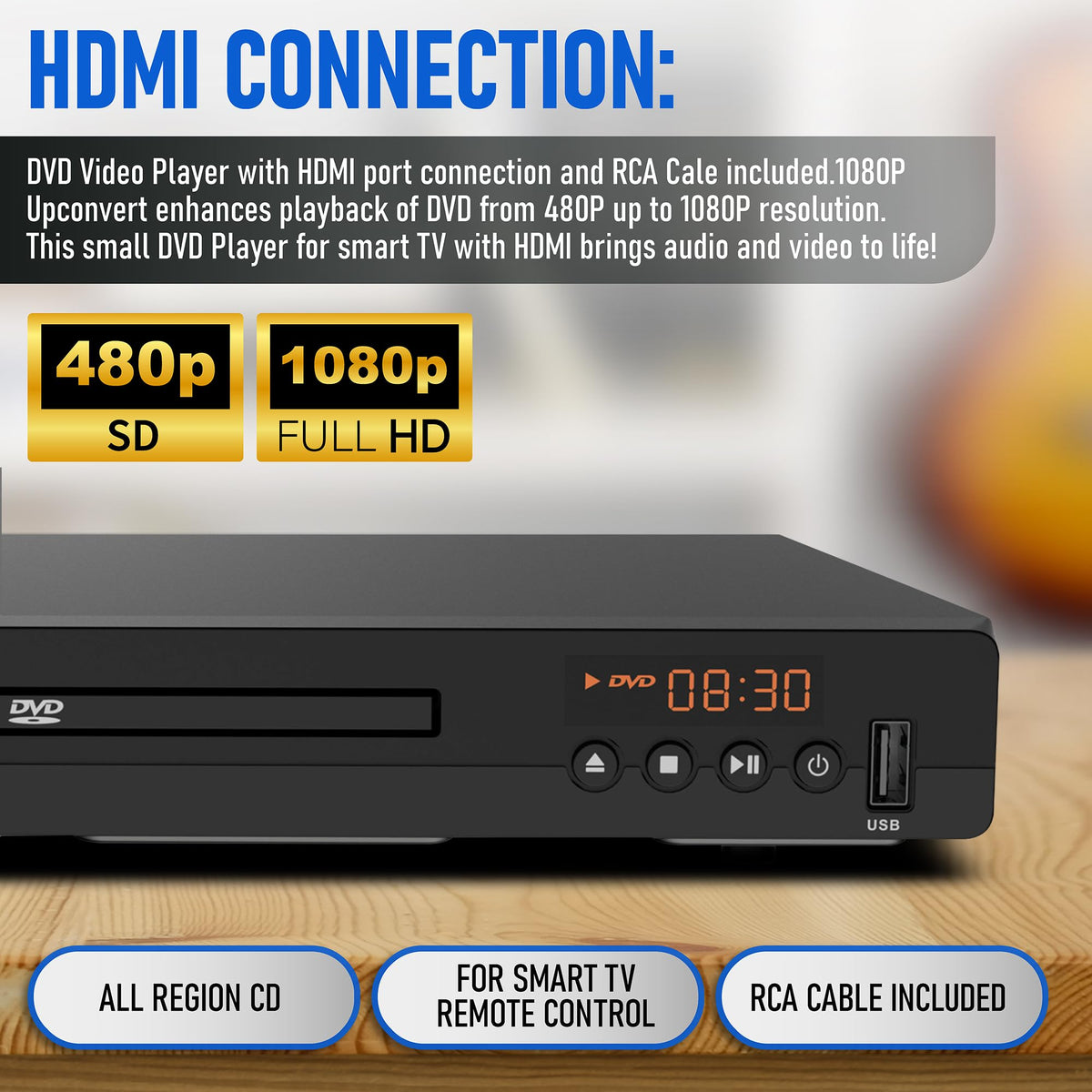 DVD Player with HDMI Port 1080P All Region USB Input Remote Control V6017
