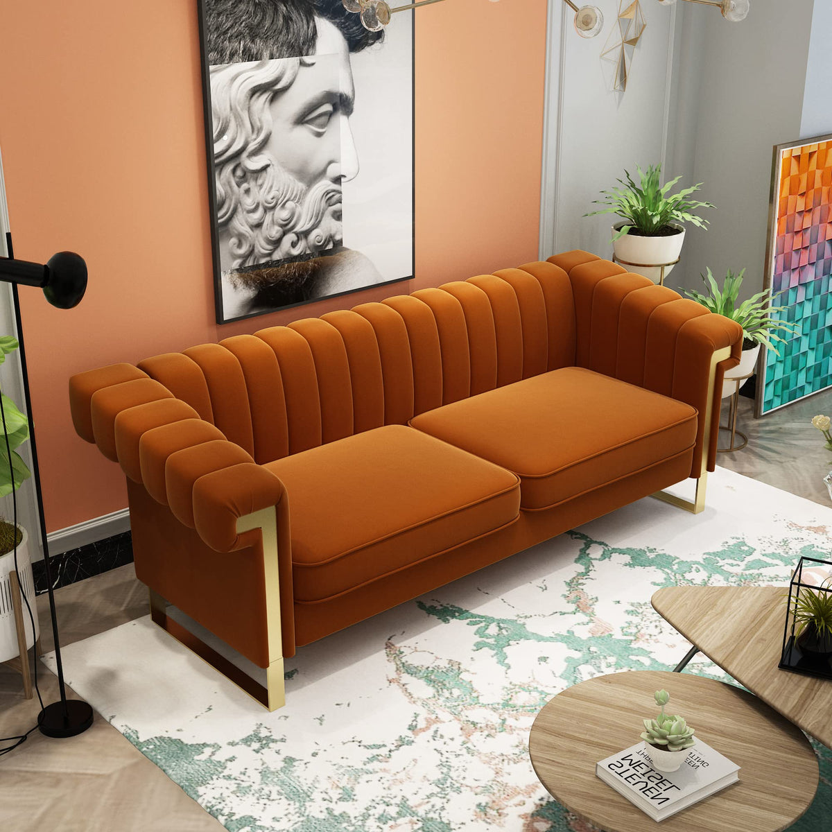 84 Inch Orange Velvet Chesterfield Sofa C59600
