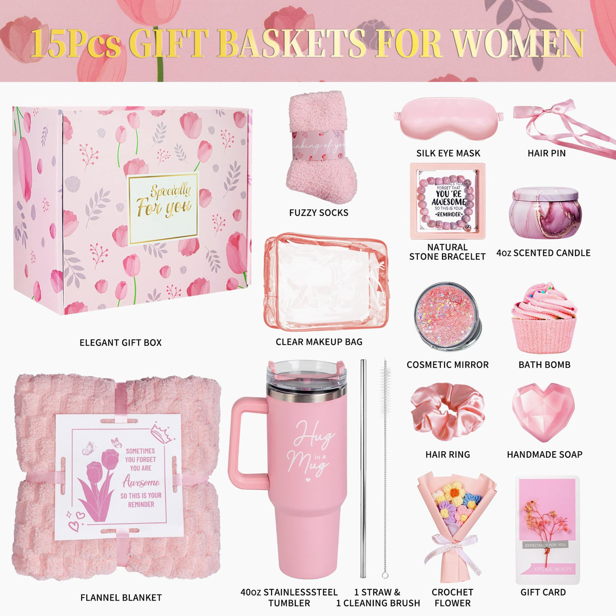15 Pcs Pink Gift Basket W6734