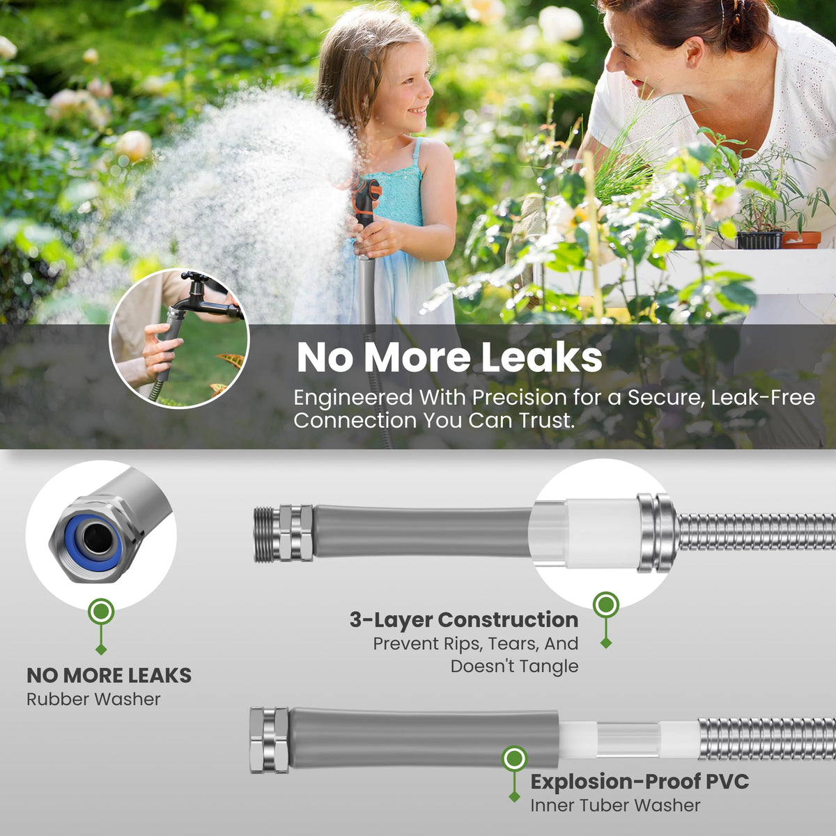 100ft Stainless Steel Garden Hose with Spray Nozzle T652660