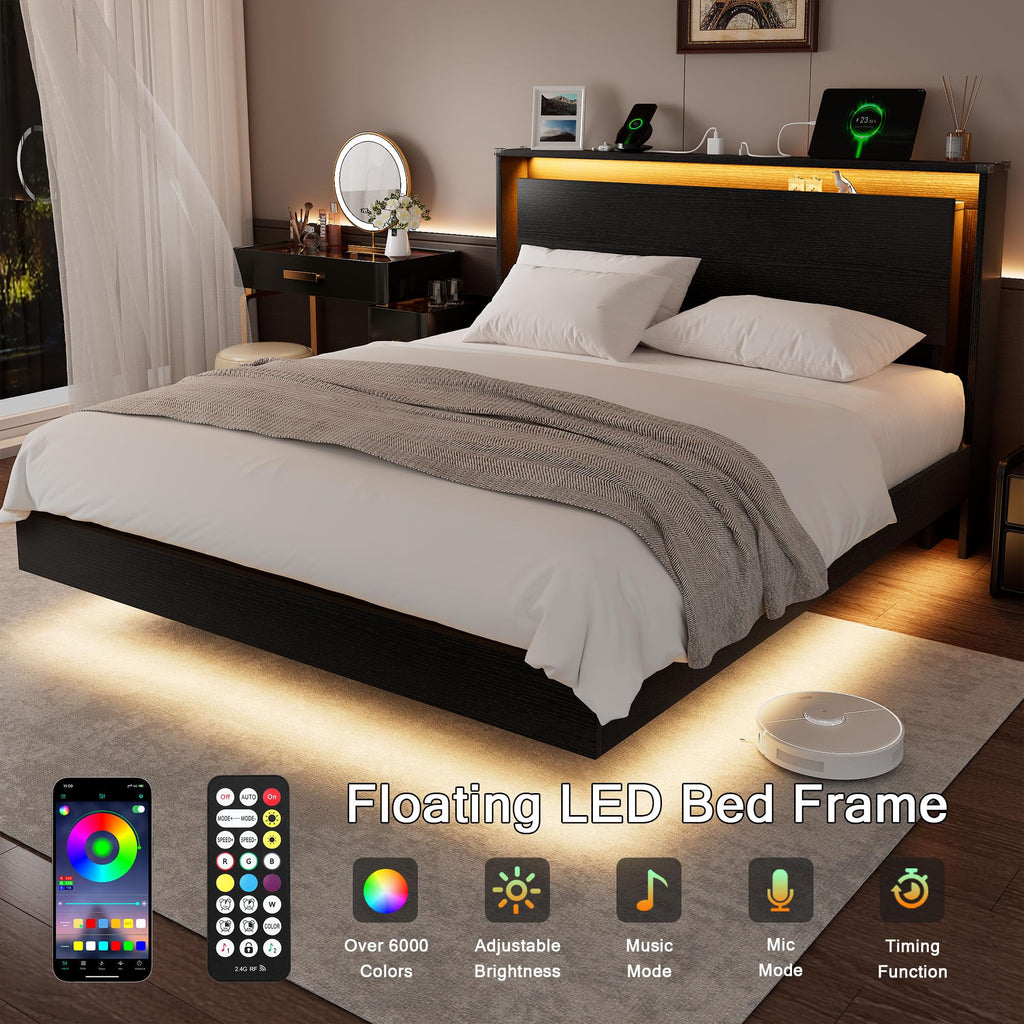 Full Size Wood Bed Frame with Storage Headboard and LED Lights Y951