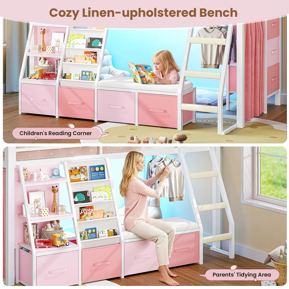 Twin Loft Bed with 7 Storage Drawers, Bookshelf, LED Lights & Guardrail, White & Pink G10249