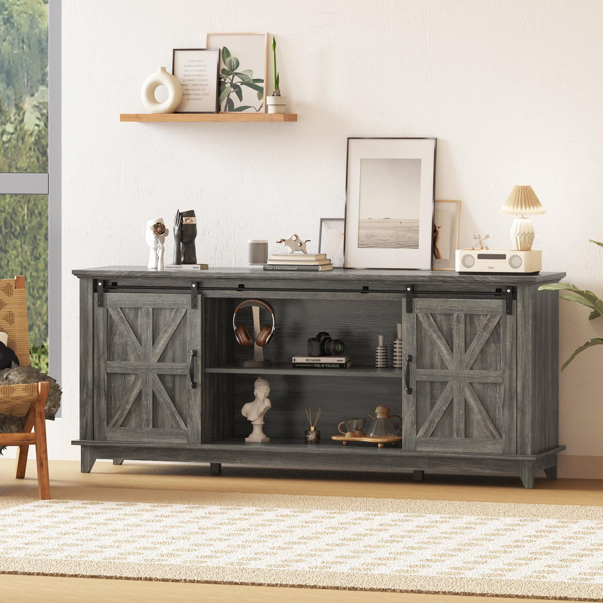 Farmhouse TV Stand Cabinet for 75" Television with Adjustable Shelf & Sliding Barn Doors U332411