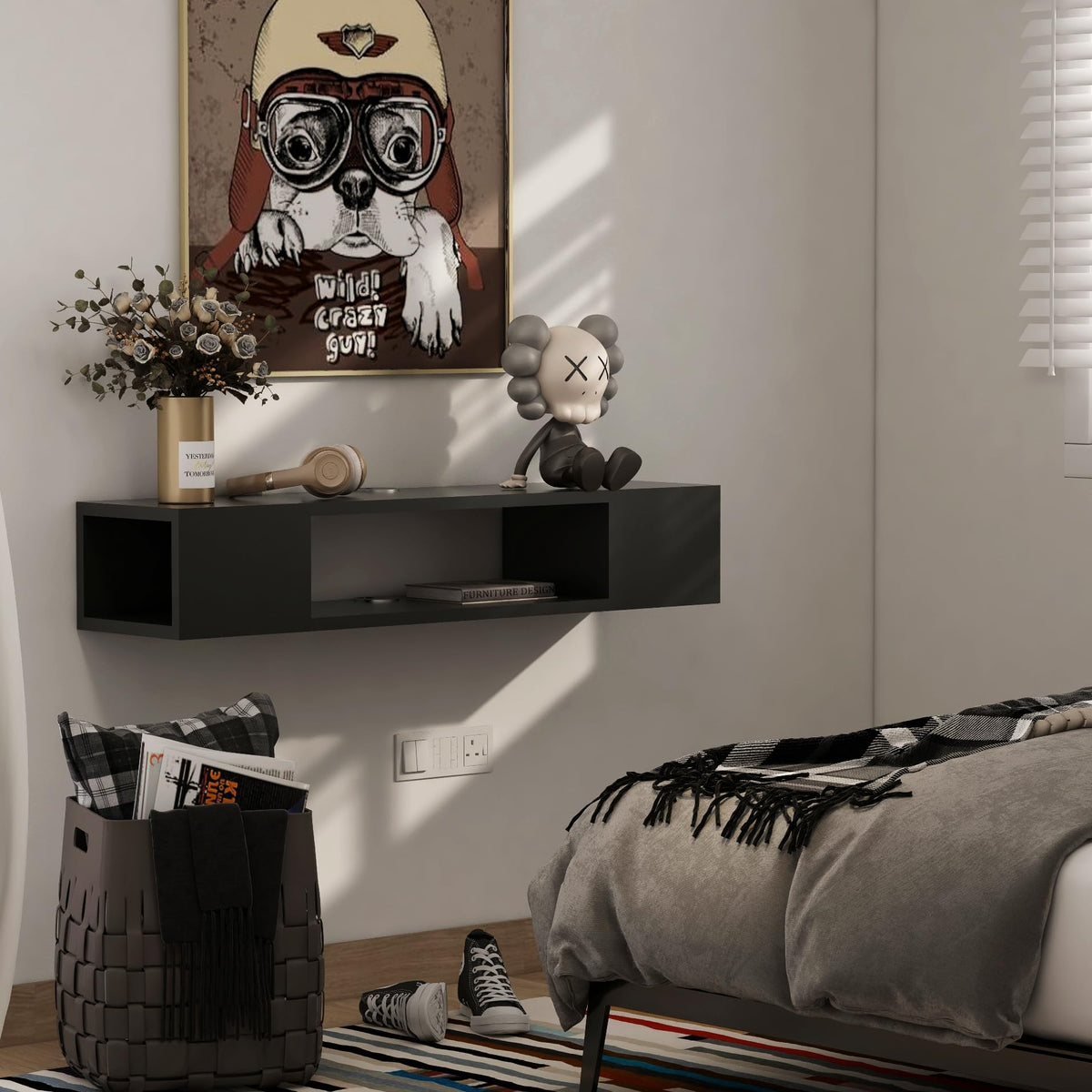Black Wall Mounted Floating TV Stand with Storage B58341