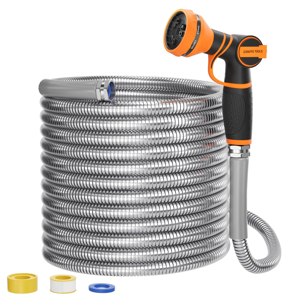 100ft Stainless Steel Garden Hose with Spray Nozzle T652660