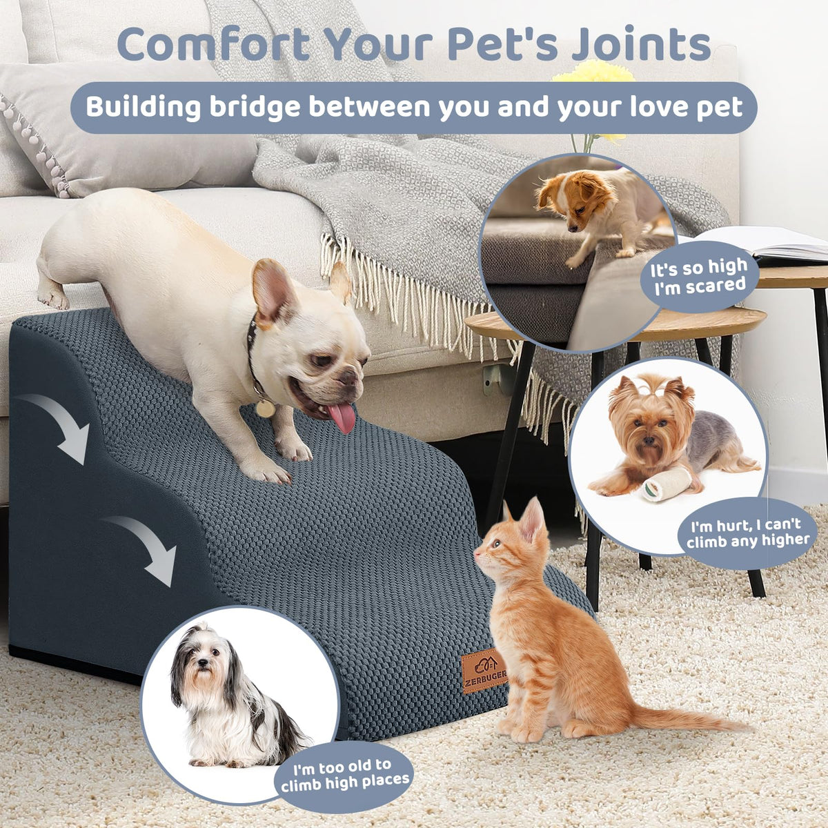 Dark Grey 3 Steps Nonslip Dog Ramp and Stairs V265