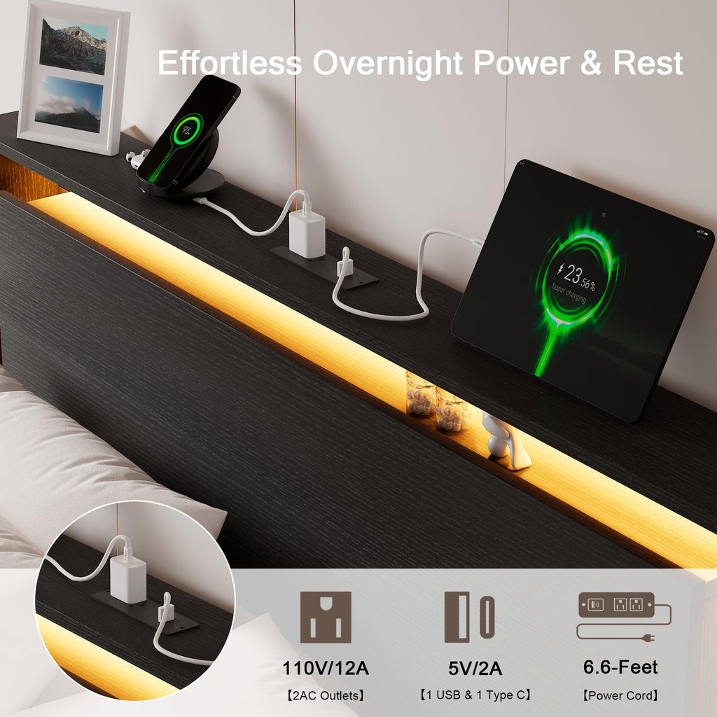 Full Size Wood Bed Frame with Storage Headboard and LED Lights Y951