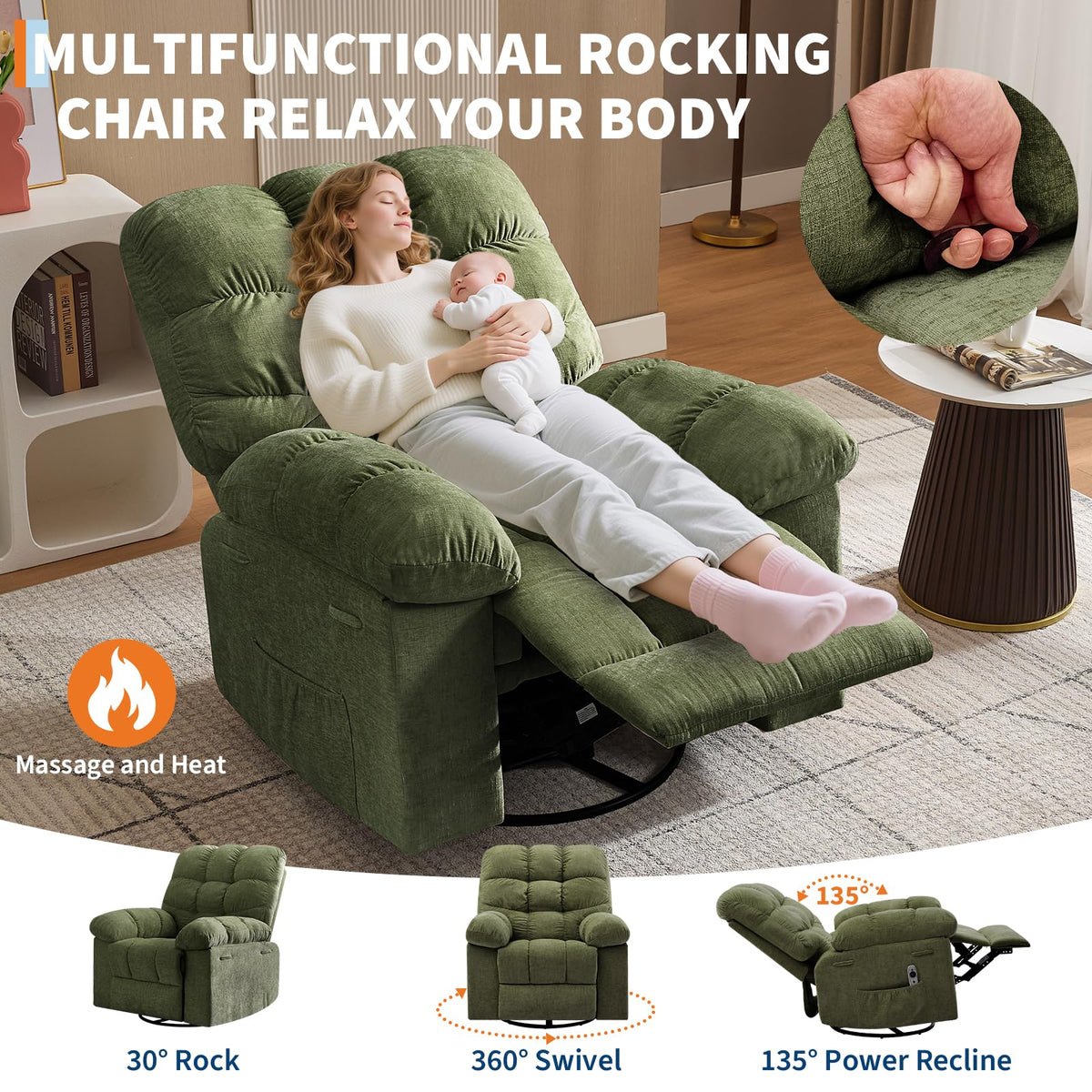 Massage Recliner Chair with Heat and Cup Holders C2082