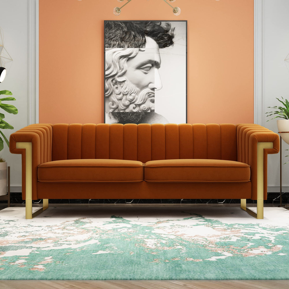 84 Inch Orange Velvet Chesterfield Sofa C59600