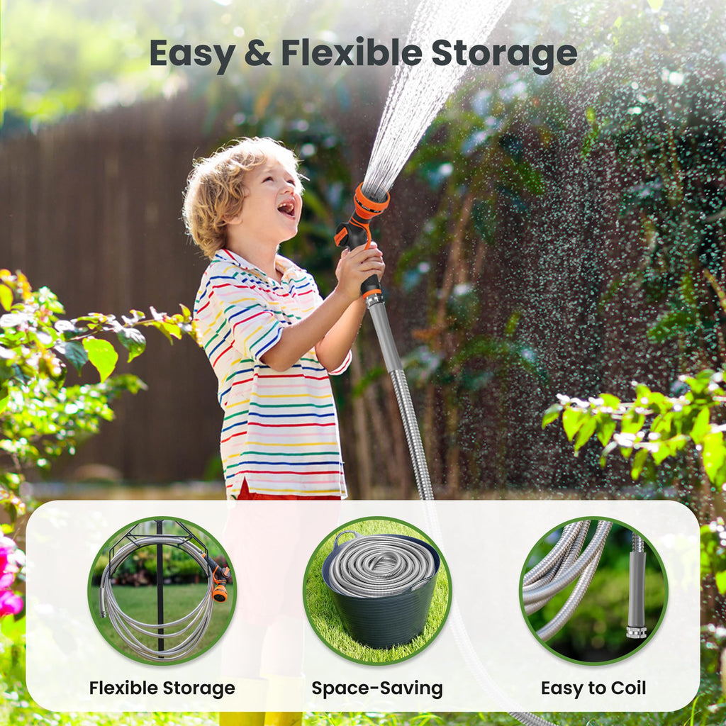 100ft Stainless Steel Garden Hose with Spray Nozzle T652660