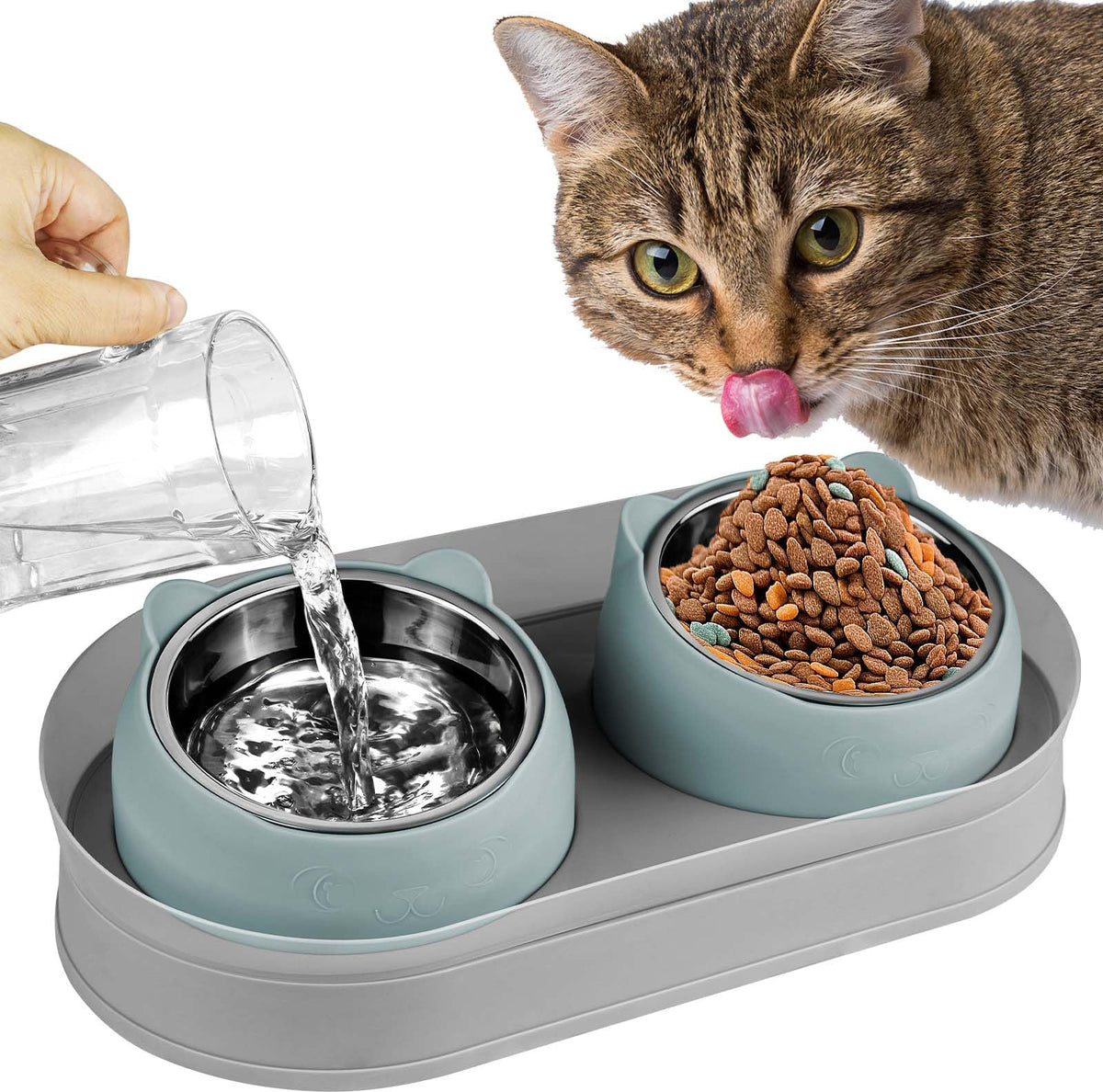 Tilted Stainless Steel Cat Food and Water Bowl Set O1165