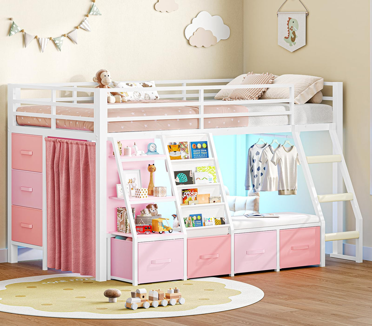 Twin Loft Bed with 7 Storage Drawers, Bookshelf, LED Lights & Guardrail, White & Pink G10249