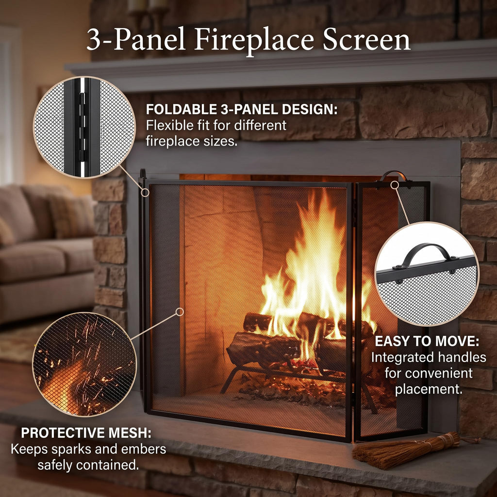 Metal Fireplace Screen 3 Panel Black G7651