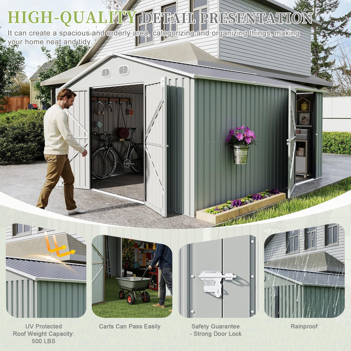 10x12 FT Metal Storage Shed with Lockable Doors and Sloped Roof A207126