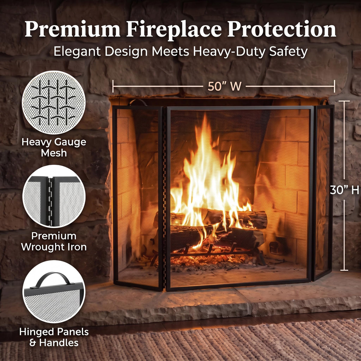 Metal Fireplace Screen 3 Panel Black G7651