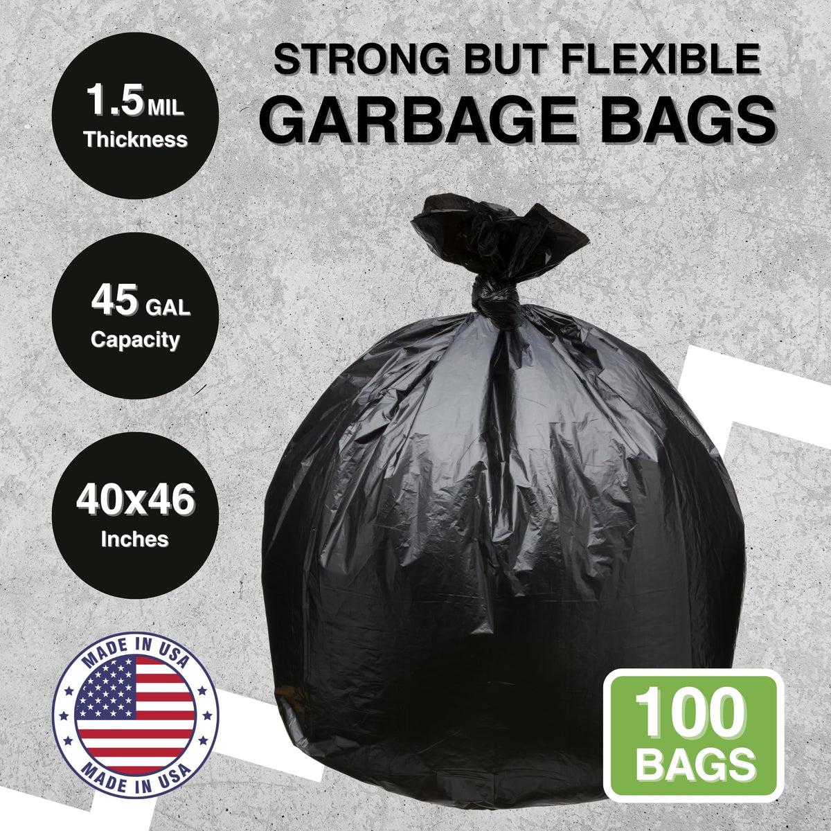 45 Gallon Black 1.5 Mil Trash Bags 100 Count A72399