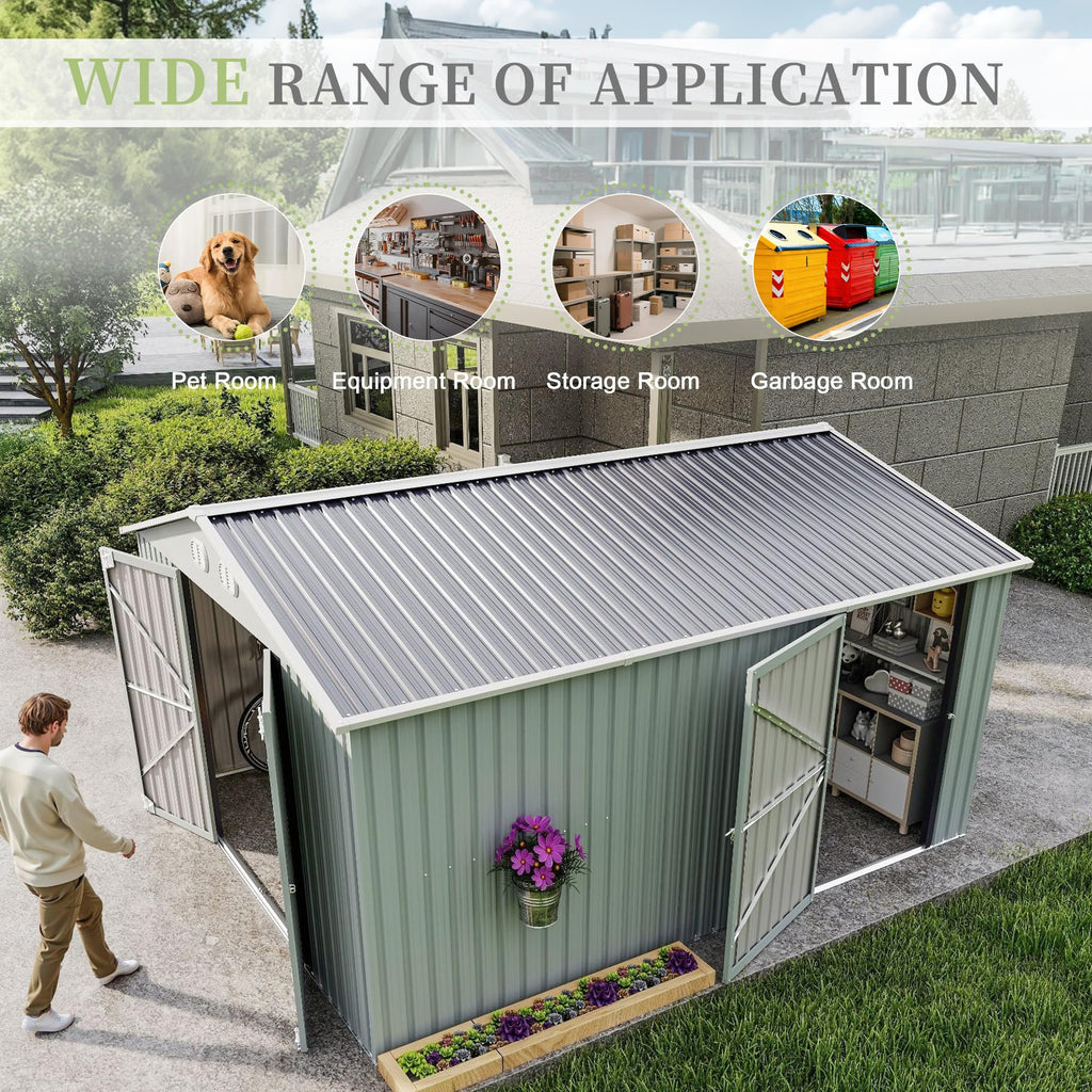 10x12 FT Metal Storage Shed with Lockable Doors and Sloped Roof A207126